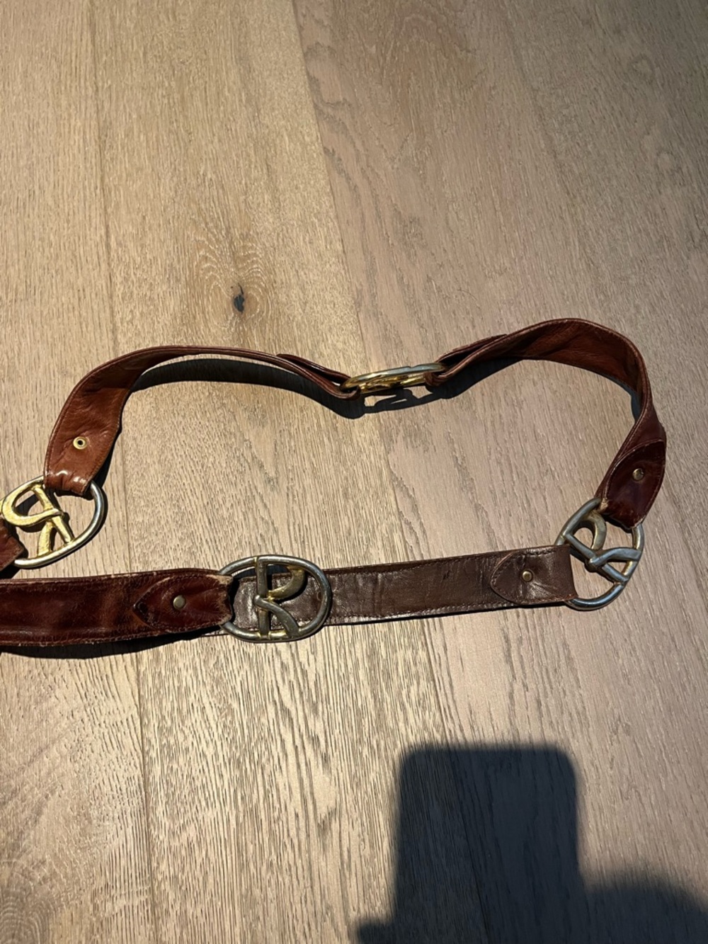Mens Brown Leather Belt with Metal Ring Accents